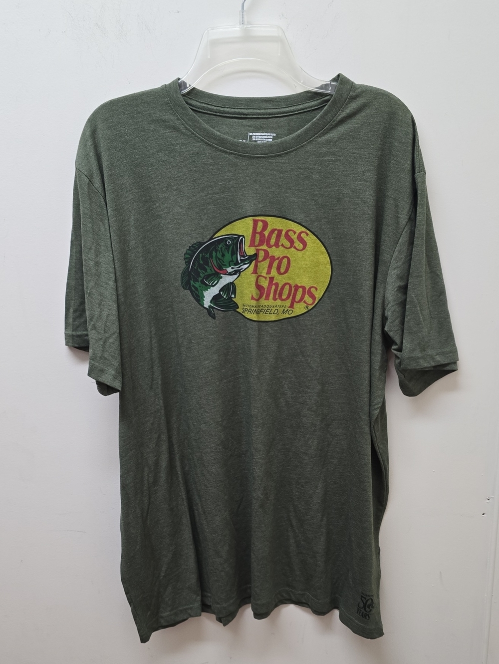 Bass Pro Shops Olive Green Graphic Tee with Yellow Logo - Size 2XL